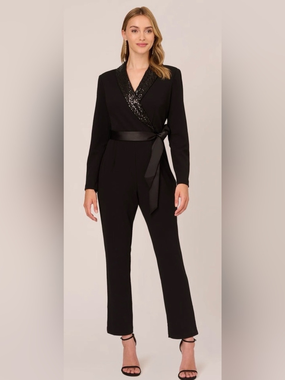 ADRIANNA PAPELL BLACK SEQUIN TUXEDO JUMPSUIT $179 SIZE 16 NWT